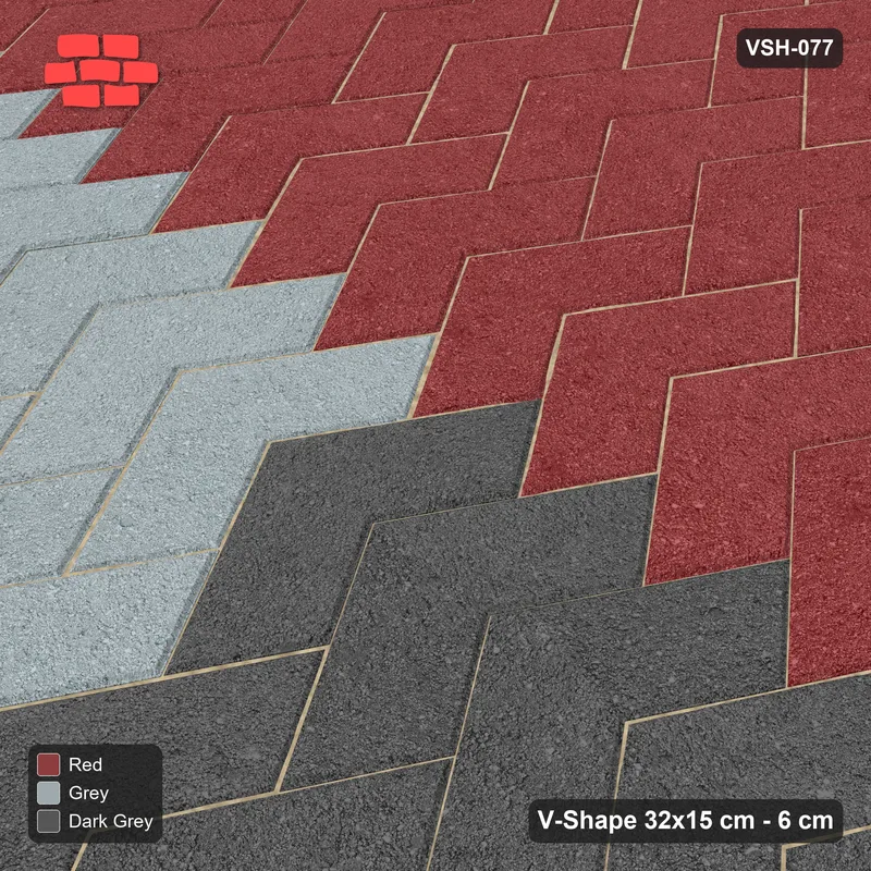 Interlock (Pasco) 32x15 cm · VSH-077 · Turned V chevron columns, three-tone T-split panels, kerbed · Side view Interlock (Pasco) 32x15 cm · VSH-077 · Turned V chevron columns, three-tone T-split panels, kerbed · Side view