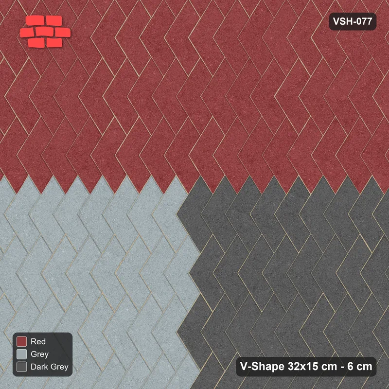 Interlock (Pasco) 32x15 cm · VSH-077 · Turned V chevron columns, three-tone T-split panels, kerbed · Top view Interlock (Pasco) 32x15 cm · VSH-077 · Turned V chevron columns, three-tone T-split panels, kerbed · Top view