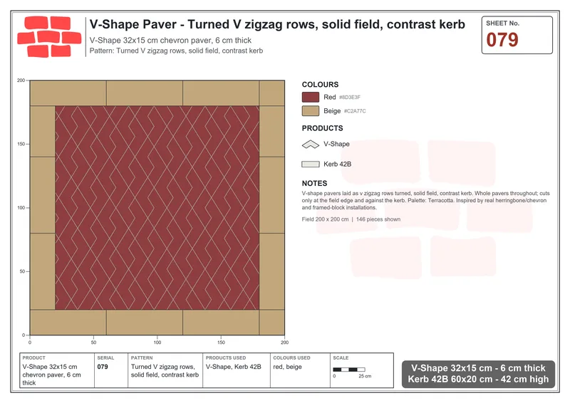 Interlock (Pasco) 32x15 cm · VSH-079 · Turned V zigzag rows, solid field, contrast kerb · Laying plan Interlock (Pasco) 32x15 cm · VSH-079 · Turned V zigzag rows, solid field, contrast kerb · Laying plan