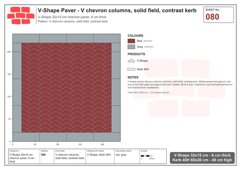 Interlock (Pasco) 32x15 cm · VSH-080 · V chevron columns, solid field, contrast kerb · Laying plan Interlock (Pasco) 32x15 cm · VSH-080 · V chevron columns, solid field, contrast kerb · Laying plan