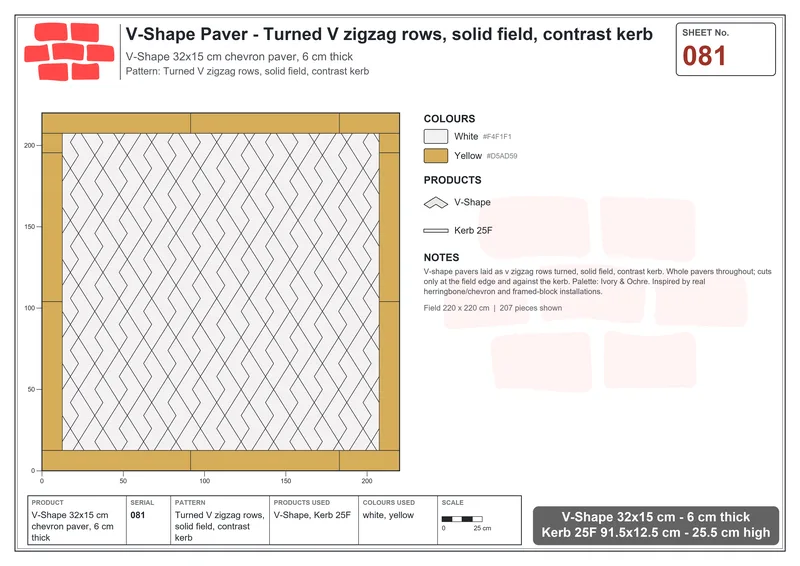 Interlock (Pasco) 32x15 cm · VSH-081 · Turned V zigzag rows, solid field, contrast kerb · Laying plan Interlock (Pasco) 32x15 cm · VSH-081 · Turned V zigzag rows, solid field, contrast kerb · Laying plan