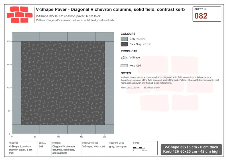 Interlock (Pasco) 32x15 cm · VSH-082 · Diagonal V chevron columns, solid field, contrast kerb · Laying plan Interlock (Pasco) 32x15 cm · VSH-082 · Diagonal V chevron columns, solid field, contrast kerb · Laying plan