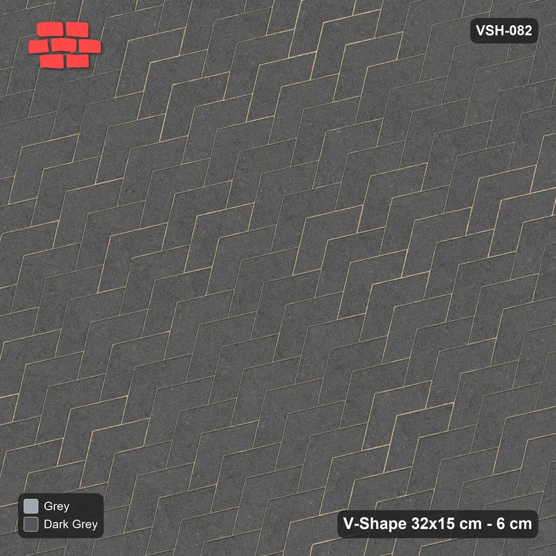 Interlock (Pasco) 32x15 cm · VSH-082 · Diagonal V chevron columns, solid field, contrast kerb · Top view Interlock (Pasco) 32x15 cm · VSH-082 · Diagonal V chevron columns, solid field, contrast kerb · Top view