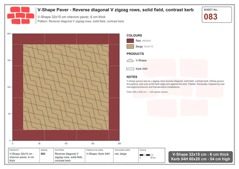 Interlock (Pasco) 32x15 cm · VSH-083 · Reverse diagonal V zigzag rows, solid field, contrast kerb · Laying plan Interlock (Pasco) 32x15 cm · VSH-083 · Reverse diagonal V zigzag rows, solid field, contrast kerb · Laying plan