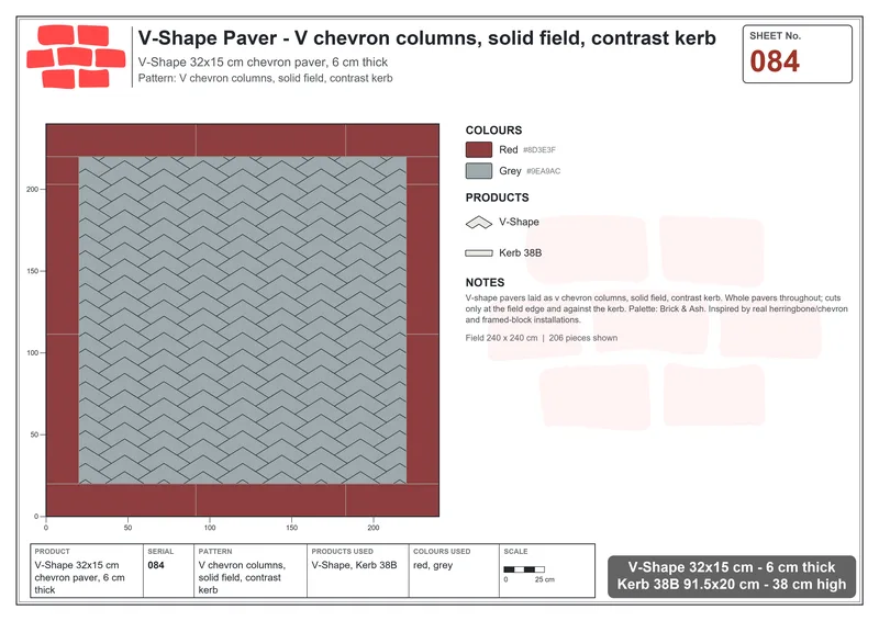 Interlock (Pasco) 32x15 cm · VSH-084 · V chevron columns, solid field, contrast kerb · Laying plan Interlock (Pasco) 32x15 cm · VSH-084 · V chevron columns, solid field, contrast kerb · Laying plan