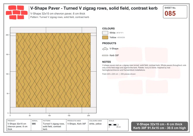 Interlock (Pasco) 32x15 cm · VSH-085 · Turned V zigzag rows, solid field, contrast kerb · Laying plan Interlock (Pasco) 32x15 cm · VSH-085 · Turned V zigzag rows, solid field, contrast kerb · Laying plan