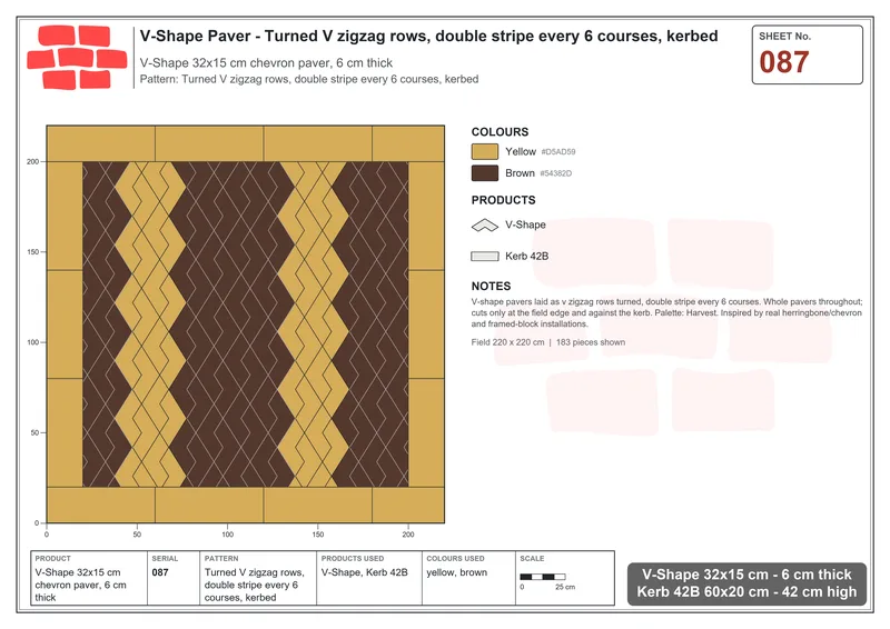 Interlock (Pasco) 32x15 cm · VSH-087 · Turned V zigzag rows, double stripe every 6 courses, kerbed · Laying plan Interlock (Pasco) 32x15 cm · VSH-087 · Turned V zigzag rows, double stripe every 6 courses, kerbed · Laying plan