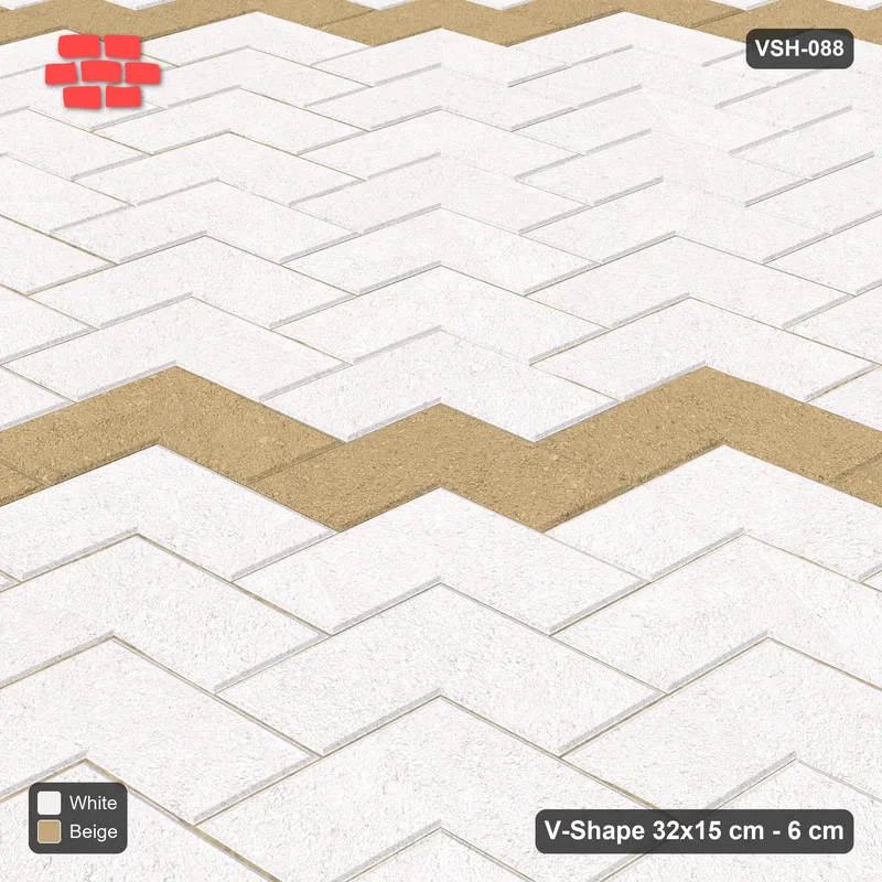 Interlock (Pasco) 32x15 cm · VSH-088 · Diagonal V chevron columns, thin chevron stripe every 8 courses, kerbed · Side view Interlock (Pasco) 32x15 cm · VSH-088 · Diagonal V chevron columns, thin chevron stripe every 8 courses, kerbed · Side view