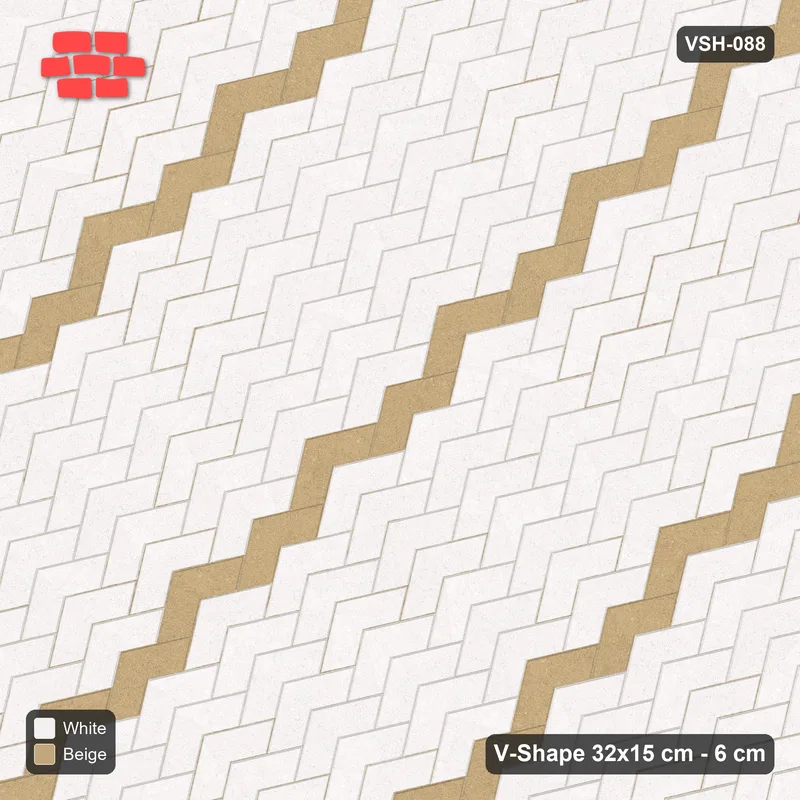 Interlock (Pasco) 32x15 cm · VSH-088 · Diagonal V chevron columns, thin chevron stripe every 8 courses, kerbed · Top view Interlock (Pasco) 32x15 cm · VSH-088 · Diagonal V chevron columns, thin chevron stripe every 8 courses, kerbed · Top view