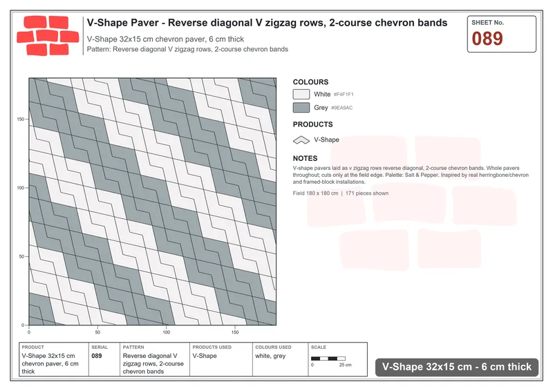 Interlock (Pasco) 32x15 cm · VSH-089 · Reverse diagonal V zigzag rows, 2-course chevron bands · Laying plan Interlock (Pasco) 32x15 cm · VSH-089 · Reverse diagonal V zigzag rows, 2-course chevron bands · Laying plan