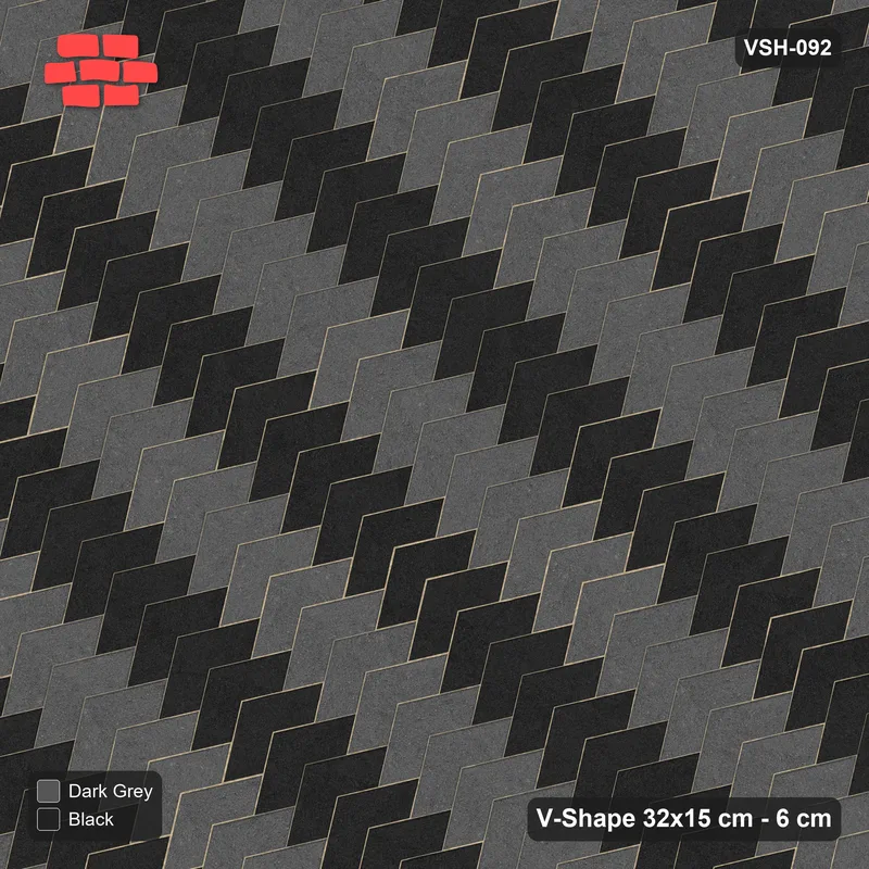 Interlock (Pasco) 32x15 cm · VSH-092 · Diagonal V chevron columns, alternating column colours, kerbed · Top view Interlock (Pasco) 32x15 cm · VSH-092 · Diagonal V chevron columns, alternating column colours, kerbed · Top view