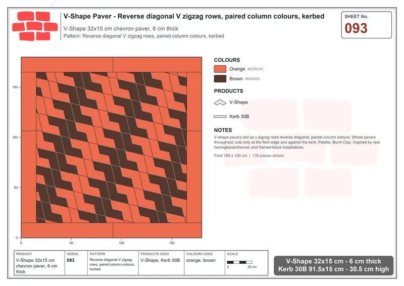 Interlock (Pasco) 32x15 cm · VSH-093 · Reverse diagonal V zigzag rows, paired column colours, kerbed · Laying plan Interlock (Pasco) 32x15 cm · VSH-093 · Reverse diagonal V zigzag rows, paired column colours, kerbed · Laying plan