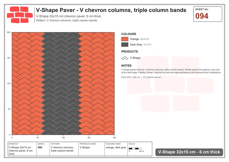 Interlock (Pasco) 32x15 cm · VSH-094 · V chevron columns, triple column bands · Laying plan Interlock (Pasco) 32x15 cm · VSH-094 · V chevron columns, triple column bands · Laying plan