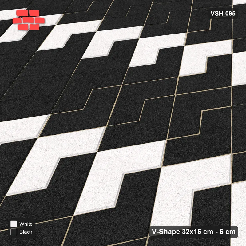 Interlock (Pasco) 32x15 cm · VSH-095 · Turned V zigzag rows, accent column every 4 columns, kerbed · Side view Interlock (Pasco) 32x15 cm · VSH-095 · Turned V zigzag rows, accent column every 4 columns, kerbed · Side view
