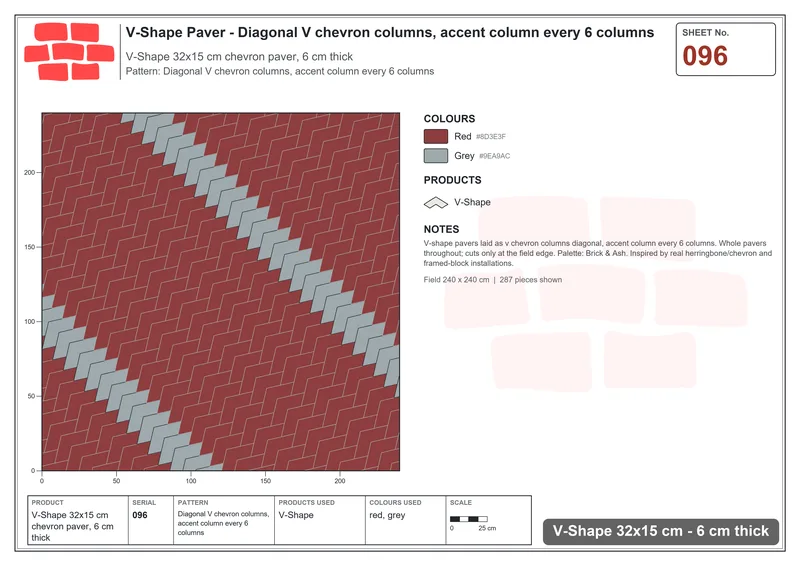 Interlock (Pasco) 32x15 cm · VSH-096 · Diagonal V chevron columns, accent column every 6 columns · Laying plan Interlock (Pasco) 32x15 cm · VSH-096 · Diagonal V chevron columns, accent column every 6 columns · Laying plan