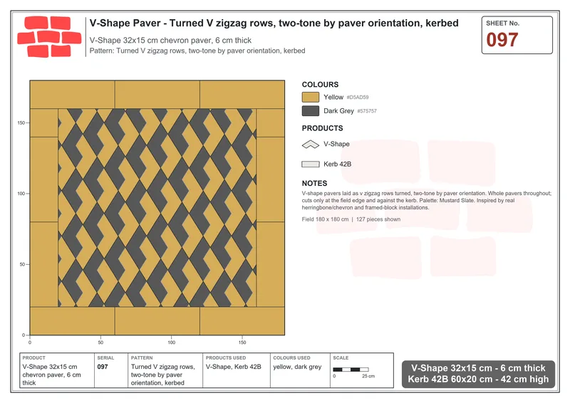 Interlock (Pasco) 32x15 cm · VSH-097 · Turned V zigzag rows, two-tone by paver orientation, kerbed · Laying plan Interlock (Pasco) 32x15 cm · VSH-097 · Turned V zigzag rows, two-tone by paver orientation, kerbed · Laying plan