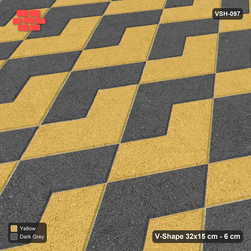 Interlock (Pasco) 32x15 cm · VSH-097 · Turned V zigzag rows, two-tone by paver orientation, kerbed · Side view Interlock (Pasco) 32x15 cm · VSH-097 · Turned V zigzag rows, two-tone by paver orientation, kerbed · Side view