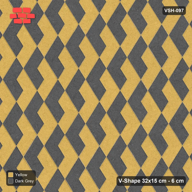 Interlock (Pasco) 32x15 cm · VSH-097 · Turned V zigzag rows, two-tone by paver orientation, kerbed · Top view Interlock (Pasco) 32x15 cm · VSH-097 · Turned V zigzag rows, two-tone by paver orientation, kerbed · Top view