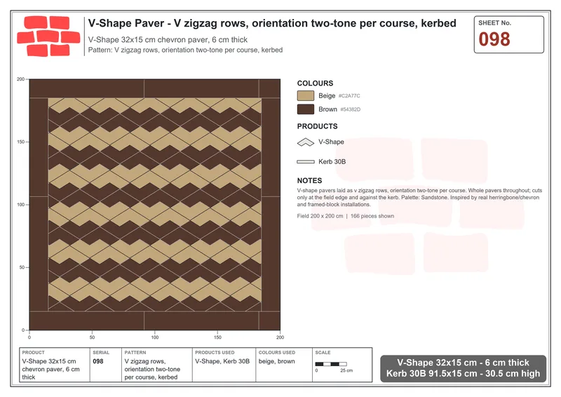 Interlock (Pasco) 32x15 cm · VSH-098 · V zigzag rows, orientation two-tone per course, kerbed · Laying plan Interlock (Pasco) 32x15 cm · VSH-098 · V zigzag rows, orientation two-tone per course, kerbed · Laying plan
