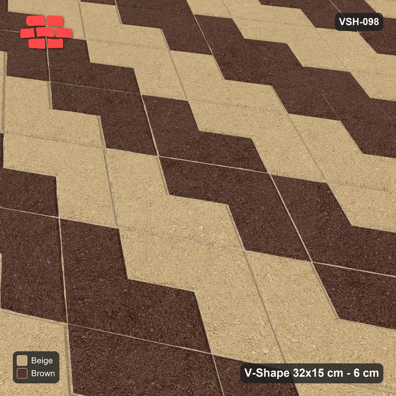 Interlock (Pasco) 32x15 cm · VSH-098 · V zigzag rows, orientation two-tone per course, kerbed · Side view Interlock (Pasco) 32x15 cm · VSH-098 · V zigzag rows, orientation two-tone per course, kerbed · Side view