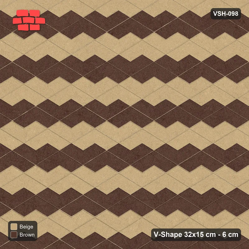 Interlock (Pasco) 32x15 cm · VSH-098 · V zigzag rows, orientation two-tone per course, kerbed · Top view Interlock (Pasco) 32x15 cm · VSH-098 · V zigzag rows, orientation two-tone per course, kerbed · Top view