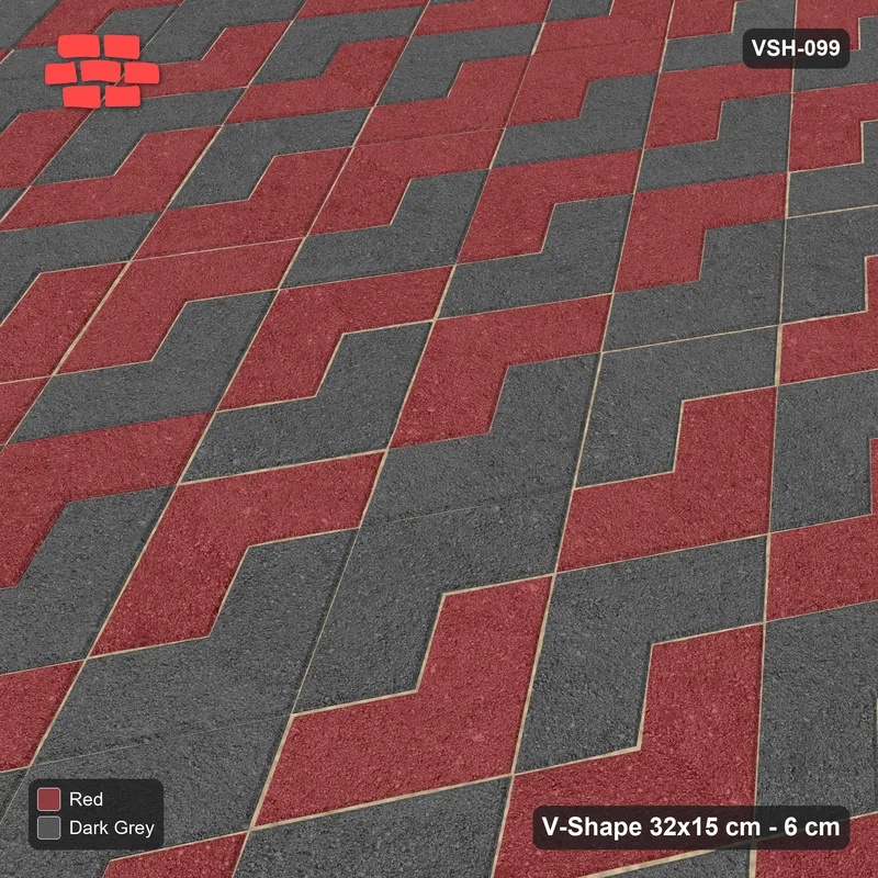 Interlock (Pasco) 32x15 cm · VSH-099 · Turned V zigzag rows, orientation two-tone, 3-course · Side view Interlock (Pasco) 32x15 cm · VSH-099 · Turned V zigzag rows, orientation two-tone, 3-course · Side view
