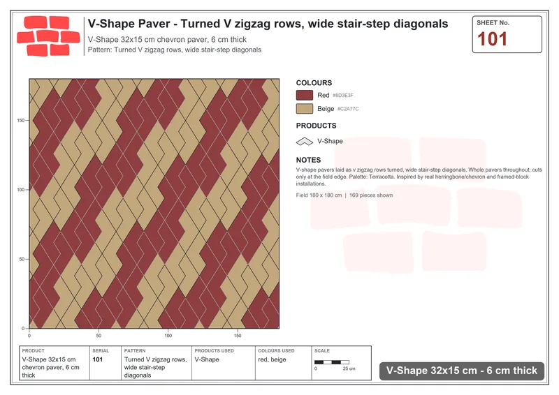 Interlock (Pasco) 32x15 cm · VSH-101 · Turned V zigzag rows, wide stair-step diagonals · Laying plan Interlock (Pasco) 32x15 cm · VSH-101 · Turned V zigzag rows, wide stair-step diagonals · Laying plan