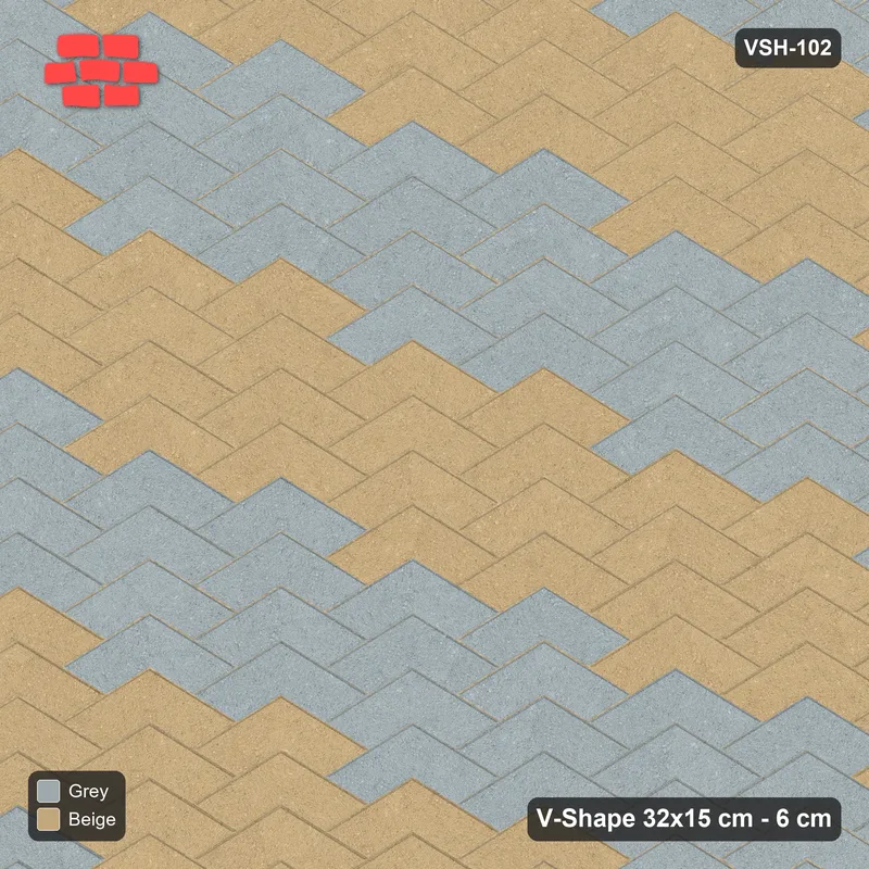 Interlock (Pasco) 32x15 cm · VSH-102 · V chevron columns, broad stair-step diagonals, kerbed · Top view Interlock (Pasco) 32x15 cm · VSH-102 · V chevron columns, broad stair-step diagonals, kerbed · Top view