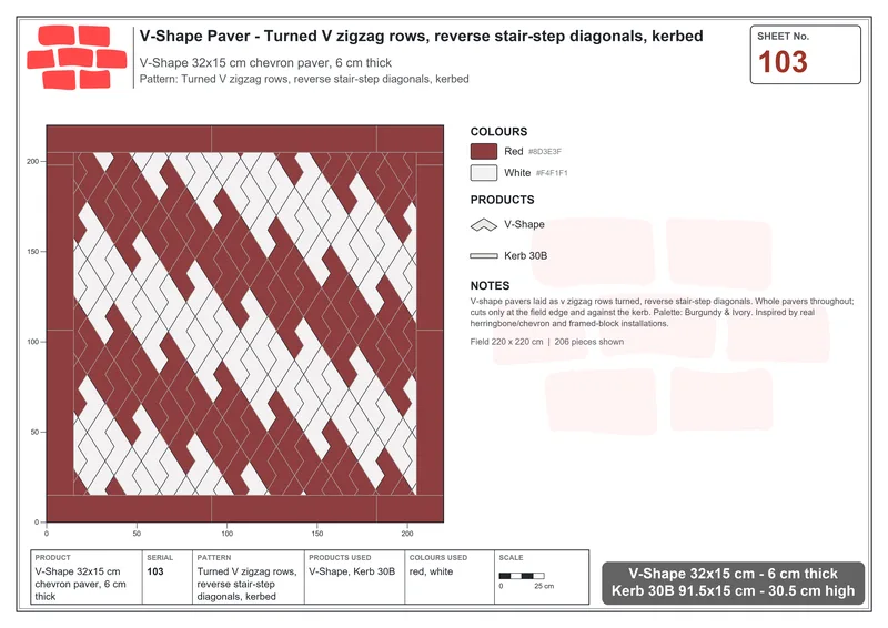 Interlock (Pasco) 32x15 cm · VSH-103 · Turned V zigzag rows, reverse stair-step diagonals, kerbed · Laying plan Interlock (Pasco) 32x15 cm · VSH-103 · Turned V zigzag rows, reverse stair-step diagonals, kerbed · Laying plan