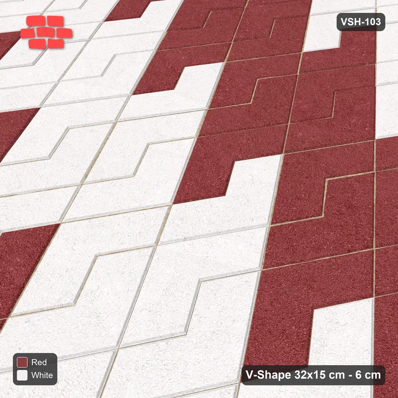 Interlock (Pasco) 32x15 cm · VSH-103 · Turned V zigzag rows, reverse stair-step diagonals, kerbed · Side view Interlock (Pasco) 32x15 cm · VSH-103 · Turned V zigzag rows, reverse stair-step diagonals, kerbed · Side view
