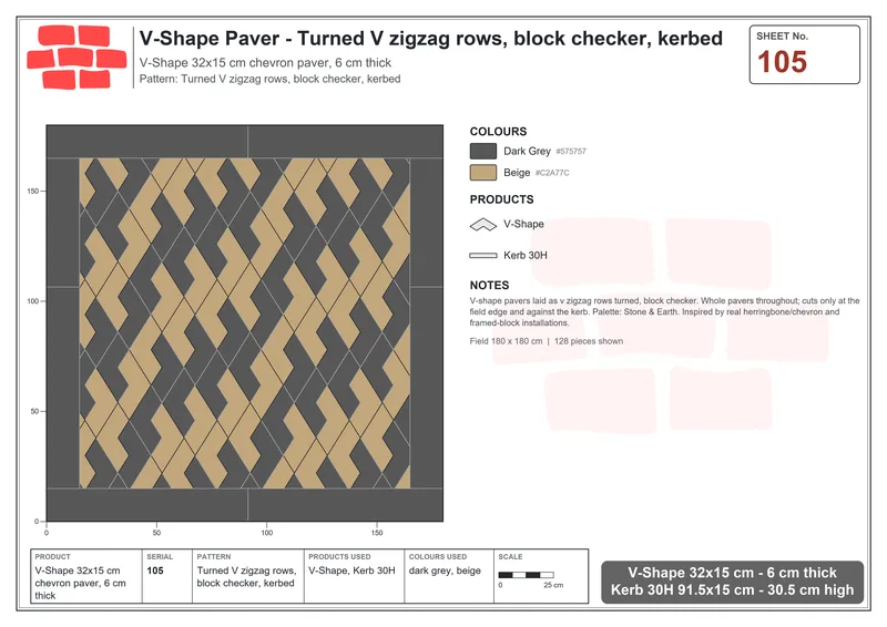 Interlock (Pasco) 32x15 cm · VSH-105 · Turned V zigzag rows, block checker, kerbed · Laying plan Interlock (Pasco) 32x15 cm · VSH-105 · Turned V zigzag rows, block checker, kerbed · Laying plan