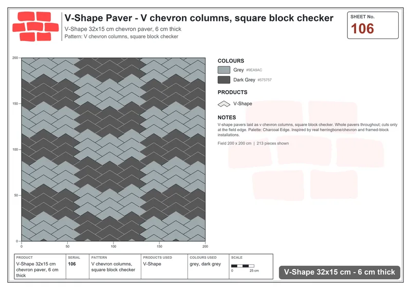 Interlock (Pasco) 32x15 cm · VSH-106 · V chevron columns, square block checker · Laying plan Interlock (Pasco) 32x15 cm · VSH-106 · V chevron columns, square block checker · Laying plan
