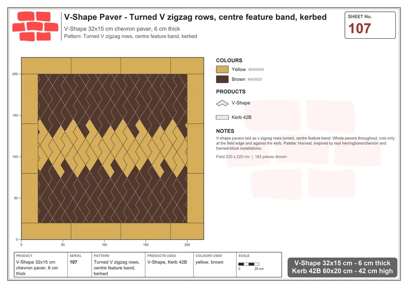 Interlock (Pasco) 32x15 cm · VSH-107 · Turned V zigzag rows, centre feature band, kerbed · Laying plan Interlock (Pasco) 32x15 cm · VSH-107 · Turned V zigzag rows, centre feature band, kerbed · Laying plan