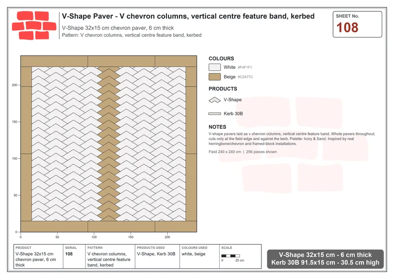 Interlock (Pasco) 32x15 cm · VSH-108 · V chevron columns, vertical centre feature band, kerbed · Laying plan Interlock (Pasco) 32x15 cm · VSH-108 · V chevron columns, vertical centre feature band, kerbed · Laying plan