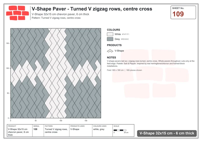 Interlock (Pasco) 32x15 cm · VSH-109 · Turned V zigzag rows, centre cross · Laying plan Interlock (Pasco) 32x15 cm · VSH-109 · Turned V zigzag rows, centre cross · Laying plan