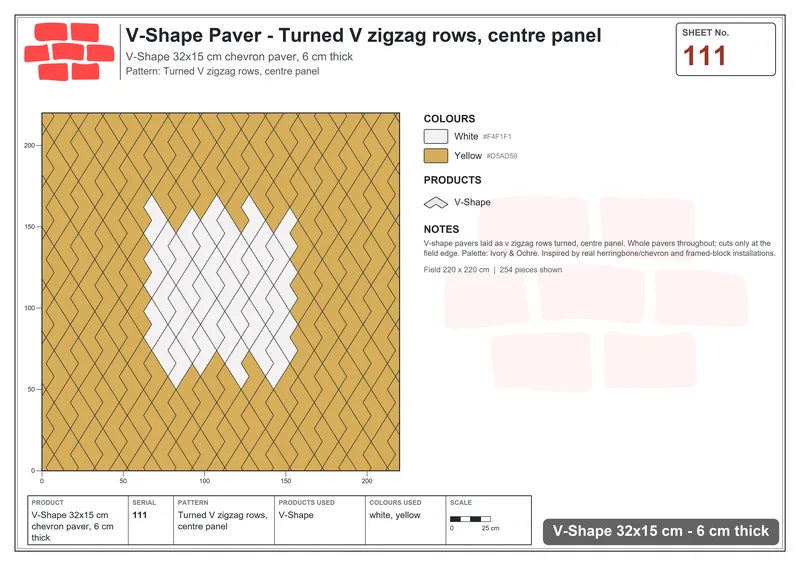 Interlock (Pasco) 32x15 cm · VSH-111 · Turned V zigzag rows, centre panel · Laying plan Interlock (Pasco) 32x15 cm · VSH-111 · Turned V zigzag rows, centre panel · Laying plan