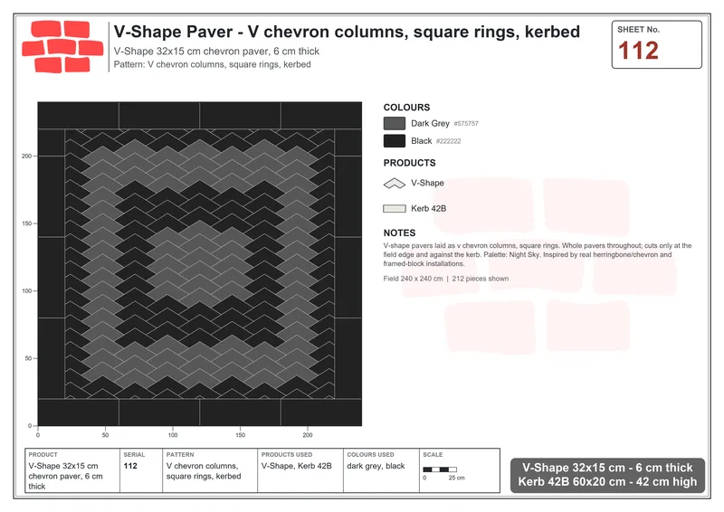 Interlock (Pasco) 32x15 cm · VSH-112 · V chevron columns, square rings, kerbed · Laying plan Interlock (Pasco) 32x15 cm · VSH-112 · V chevron columns, square rings, kerbed · Laying plan
