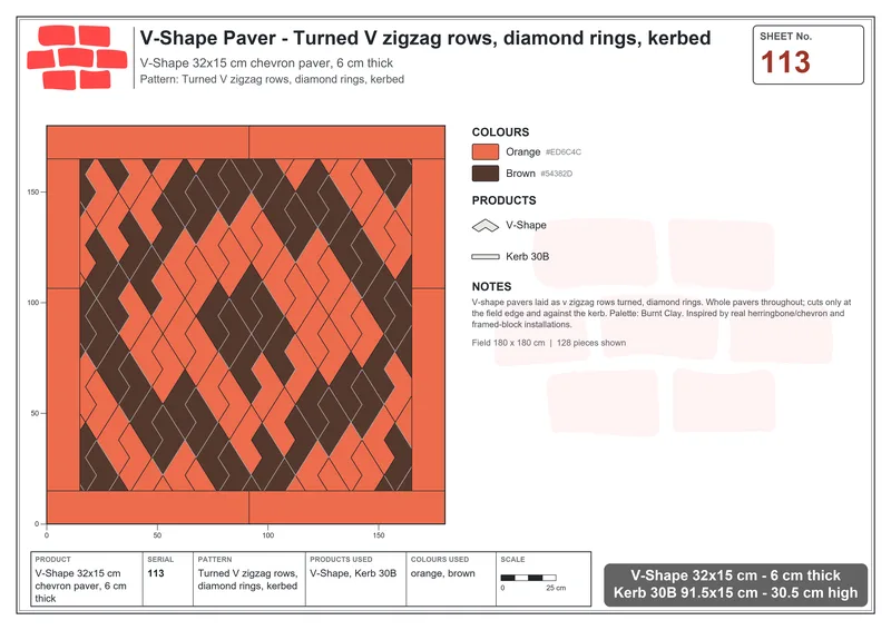 Interlock (Pasco) 32x15 cm · VSH-113 · Turned V zigzag rows, diamond rings, kerbed · Laying plan Interlock (Pasco) 32x15 cm · VSH-113 · Turned V zigzag rows, diamond rings, kerbed · Laying plan