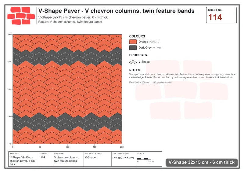 Interlock (Pasco) 32x15 cm · VSH-114 · V chevron columns, twin feature bands · Laying plan Interlock (Pasco) 32x15 cm · VSH-114 · V chevron columns, twin feature bands · Laying plan