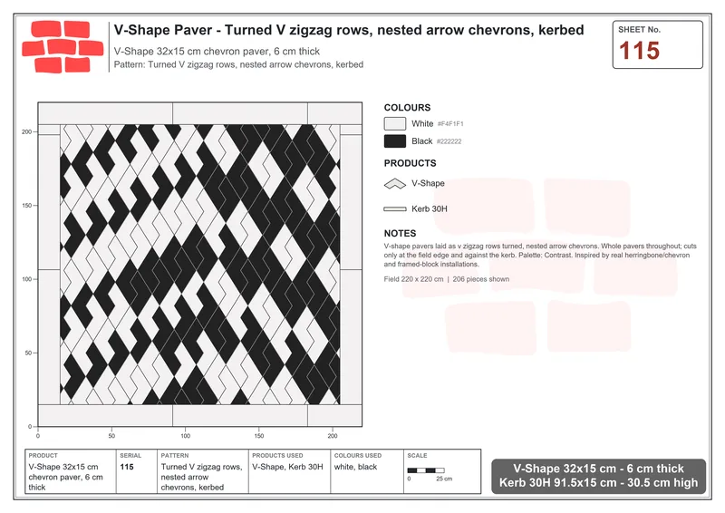 Interlock (Pasco) 32x15 cm · VSH-115 · Turned V zigzag rows, nested arrow chevrons, kerbed · Laying plan Interlock (Pasco) 32x15 cm · VSH-115 · Turned V zigzag rows, nested arrow chevrons, kerbed · Laying plan