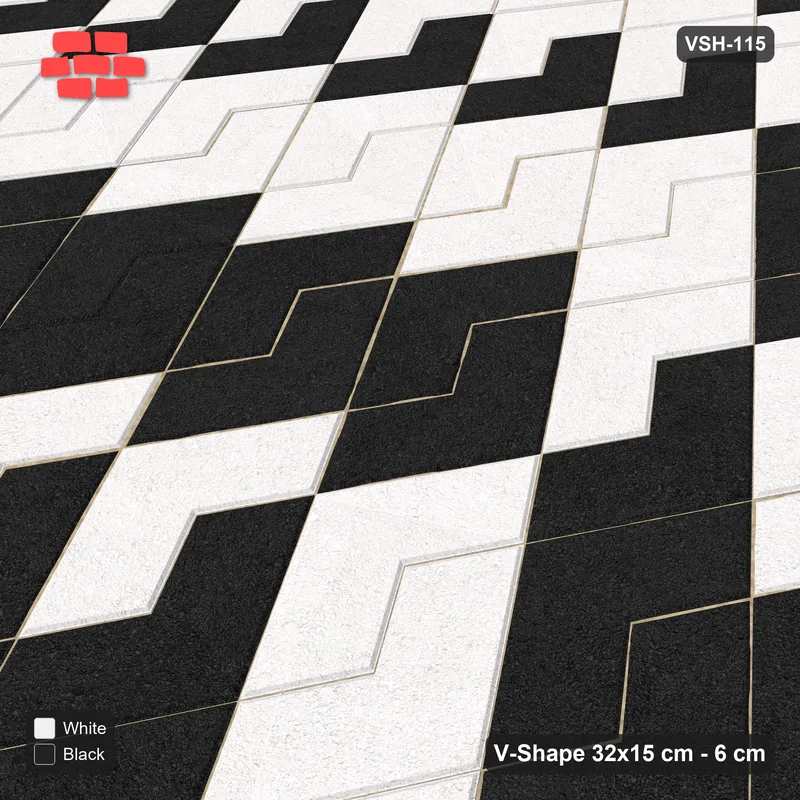 Interlock (Pasco) 32x15 cm · VSH-115 · Turned V zigzag rows, nested arrow chevrons, kerbed · Side view Interlock (Pasco) 32x15 cm · VSH-115 · Turned V zigzag rows, nested arrow chevrons, kerbed · Side view