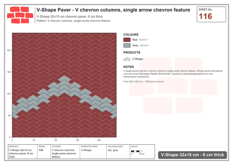 Interlock (Pasco) 32x15 cm · VSH-116 · V chevron columns, single arrow chevron feature · Laying plan Interlock (Pasco) 32x15 cm · VSH-116 · V chevron columns, single arrow chevron feature · Laying plan