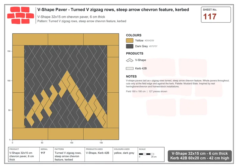 Interlock (Pasco) 32x15 cm · VSH-117 · Turned V zigzag rows, steep arrow chevron feature, kerbed · Laying plan Interlock (Pasco) 32x15 cm · VSH-117 · Turned V zigzag rows, steep arrow chevron feature, kerbed · Laying plan
