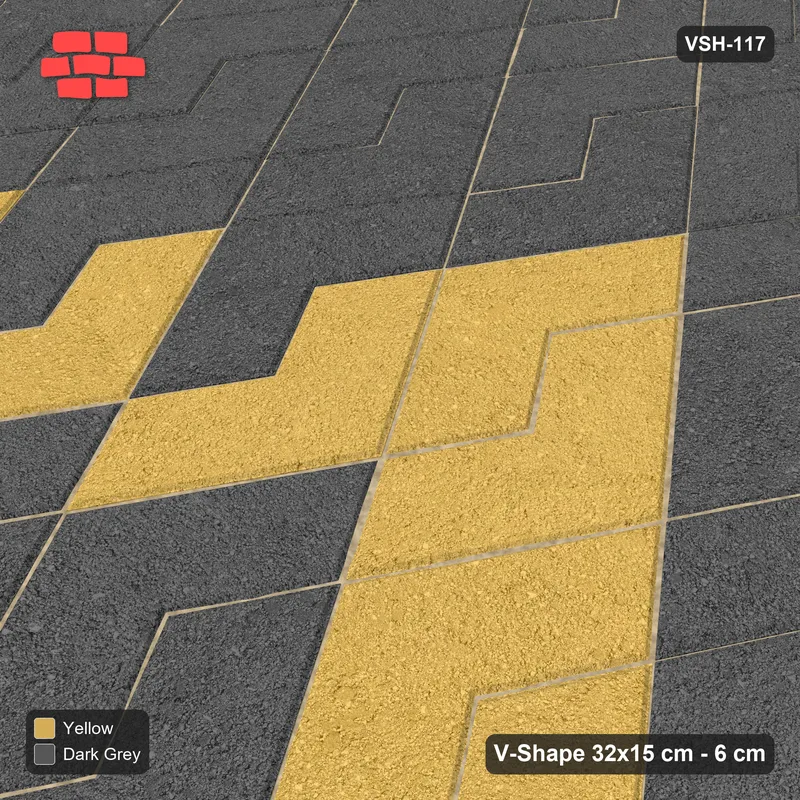 Interlock (Pasco) 32x15 cm · VSH-117 · Turned V zigzag rows, steep arrow chevron feature, kerbed · Side view Interlock (Pasco) 32x15 cm · VSH-117 · Turned V zigzag rows, steep arrow chevron feature, kerbed · Side view