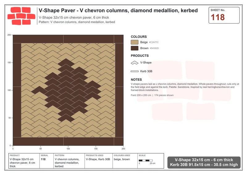 Interlock (Pasco) 32x15 cm · VSH-118 · V chevron columns, diamond medallion, kerbed · Laying plan Interlock (Pasco) 32x15 cm · VSH-118 · V chevron columns, diamond medallion, kerbed · Laying plan