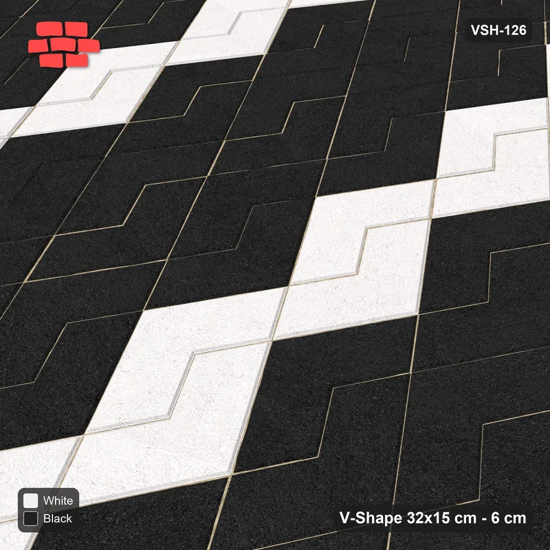 Interlock (Pasco) 32x15 cm · VSH-126 · Turned V zigzag rows, chevron stripe every 4 courses, kerbed · Side view Interlock (Pasco) 32x15 cm · VSH-126 · Turned V zigzag rows, chevron stripe every 4 courses, kerbed · Side view