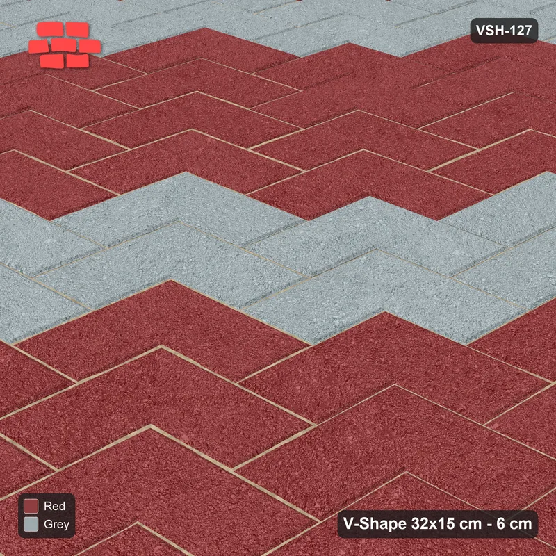 Interlock (Pasco) 32x15 cm · VSH-127 · Diagonal V chevron columns, double stripe every 6 courses · Side view Interlock (Pasco) 32x15 cm · VSH-127 · Diagonal V chevron columns, double stripe every 6 courses · Side view