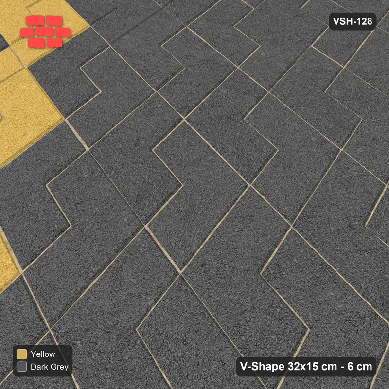 Interlock (Pasco) 32x15 cm · VSH-128 · Reverse diagonal V zigzag rows, thin chevron stripe every 8 courses, kerbed · Side view Interlock (Pasco) 32x15 cm · VSH-128 · Reverse diagonal V zigzag rows, thin chevron stripe every 8 courses, kerbed · Side view