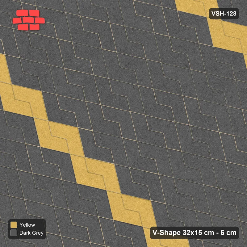 Interlock (Pasco) 32x15 cm · VSH-128 · Reverse diagonal V zigzag rows, thin chevron stripe every 8 courses, kerbed · Top view Interlock (Pasco) 32x15 cm · VSH-128 · Reverse diagonal V zigzag rows, thin chevron stripe every 8 courses, kerbed · Top view