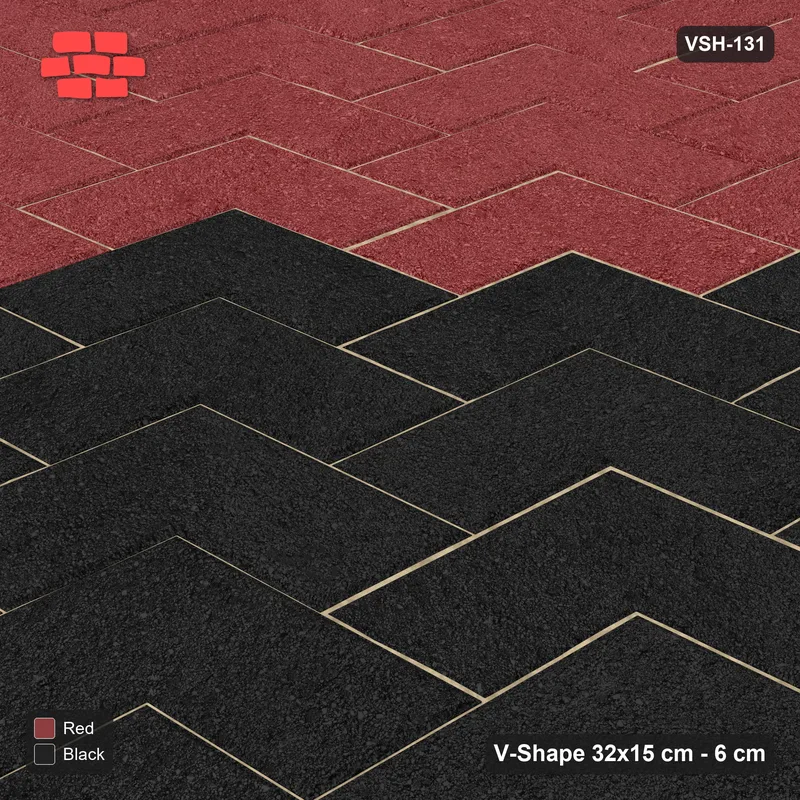 Interlock (Pasco) 32x15 cm · VSH-131 · Diagonal V chevron columns, wide 5-course chevron bands, kerbed · Side view Interlock (Pasco) 32x15 cm · VSH-131 · Diagonal V chevron columns, wide 5-course chevron bands, kerbed · Side view